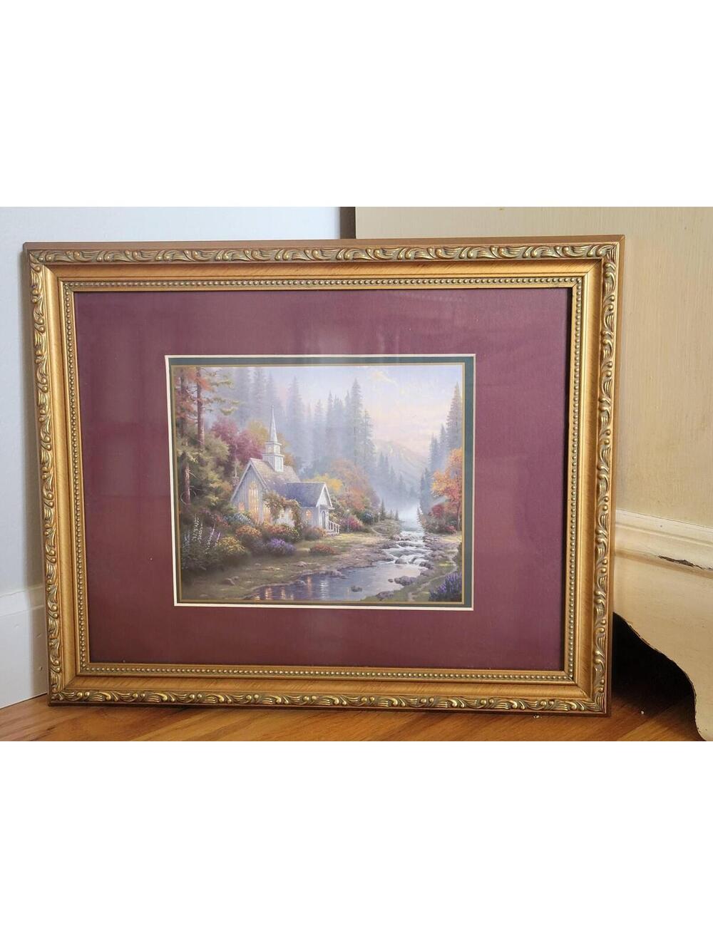 Thomas Kinkade Church Stream Framed Matted Large Print Gold Frame Burgundy Mat